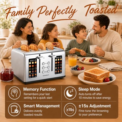 RONGBEST Silver 4-Slice Touch Screen Toaster with Wide Slots & Multiple Settings