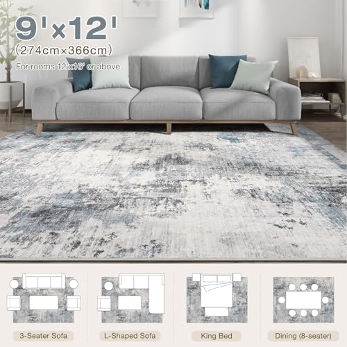 Grey Blue Washable 9x12 Area Rug for Living Room - Modern Abstract Home Decor