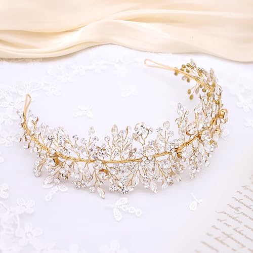 Gold Crystal Wedding Headband Rhinestone Bridal Hair Accessories Handmade Leaf Design