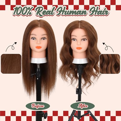 Mannequin Head with Human Hair - 22-24 Inch Dark Brown Cosmetology Manikin for Hairdressing Practice with Clamp & Tools