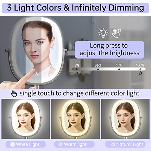 Lighted Wall Mounted Makeup Mirror, Double Sided 1X/7X Magnifying Mirror, 3 Color Lighting Option Dimmable, 360 Rotation Extension Foldable Arm, Oval Frame Rechargeable Vanity Mirror with Lights