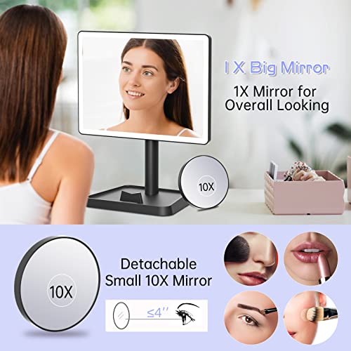 FUNTOUCH Rechargeable Makeup Vanity Mirror with Lights, Large Lighted Desk Makeup Mirror with 96 LED Lights and 10x Magnifying, 3 Color Lighting, Make up Light Mirror with Phone Holder,Black