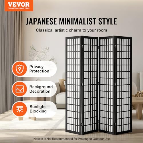 VEVOR 4 Panel Black Wooden Room Divider, Japanese Style Folding Privacy Screen for Home Office Bedroom