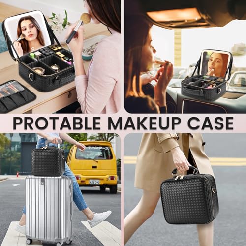 DESCHEN Travel Makeup Bag with Led Mirror, Makeup Organizer Cosmetic Train Case, PU Leather Makeup Case with 3 Light Modes & Dimmable Touch Control, Portable Make Up Box Water-Resistant (Black)