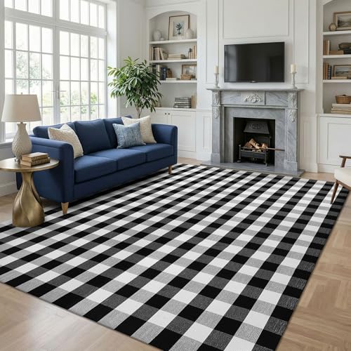 Buffalo Plaid Area Rug 8x10 ft - Black and White Living Room Carpet - KOZYFLY