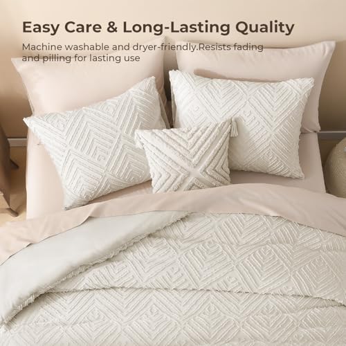 Super King Plus Comforter Set Beige Tufted Boho Bedding 3 Pcs - Litanika 128x120