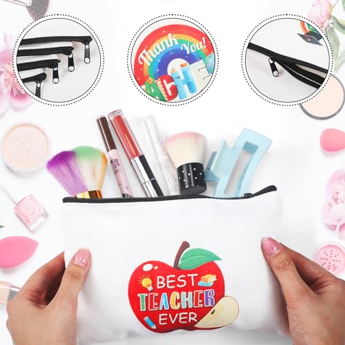 Capoda 56 Pcs Teacher Appreciation Gifts in Bulk 28 Inspirational Flax Cosmetic Bags for Women 28 Motivational Quote Keychains Thank You Gifts for Teacher's Day Graduation Back to School(White)