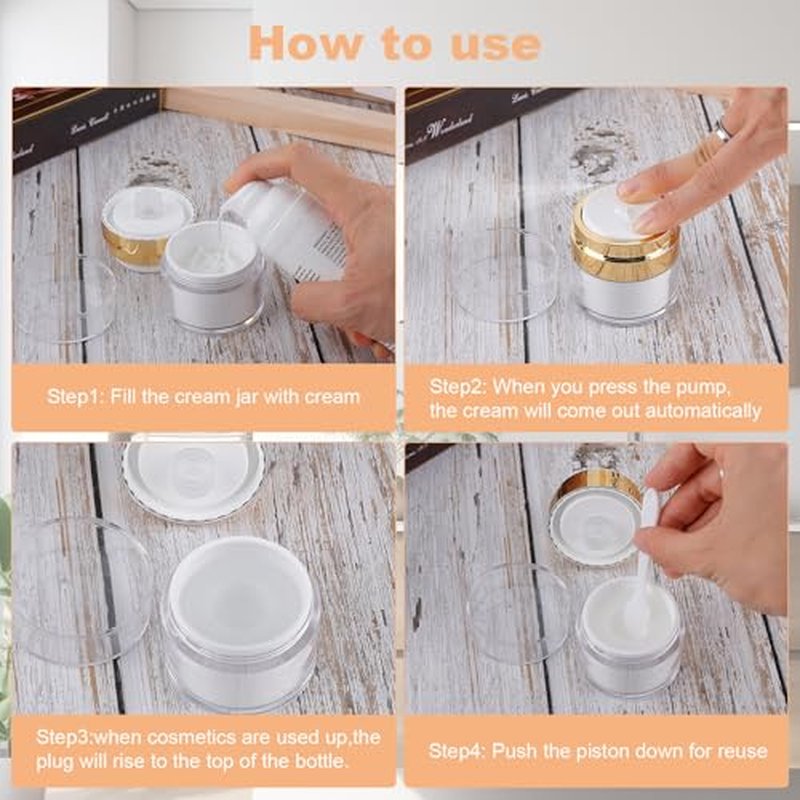 20 Pack Airless Pump Jars Set, 3.34/1.7/1/0.5/oz Refillable Travel Size Containers, Gold Travel Bottles Empty Lotion Container, Glass Jars for Toiletries Moisturizer Container