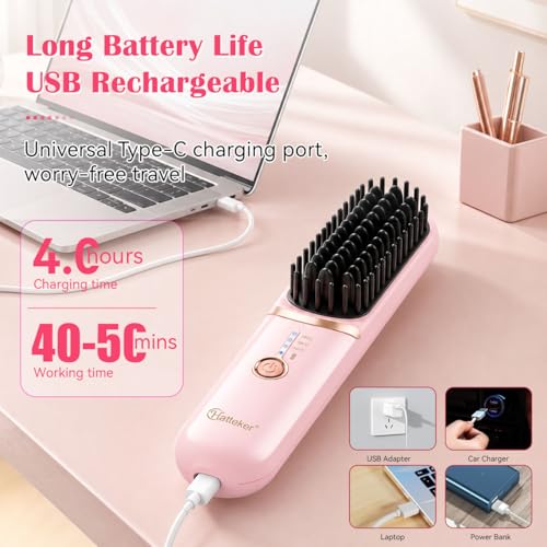 Hatteker Cordless Hair Straightener Brush Pink - Travel & Detangling Styling Tool