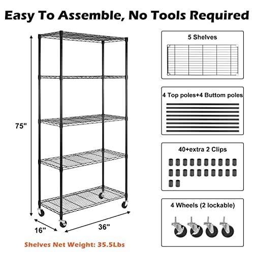 WDT 5-Tier Adjustable Wire Shelving Unit with Wheels - 36"D x 16"W x 75"H Storage Rack
