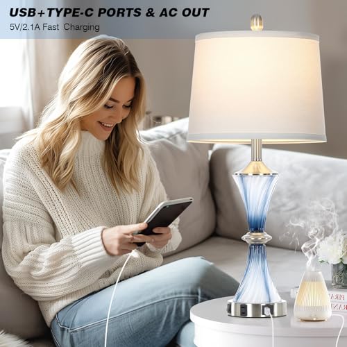 Blue Glass Table Lamp Set of 2 with USB-C & Power Outlet - Modern Bedroom Nightstand Lamps