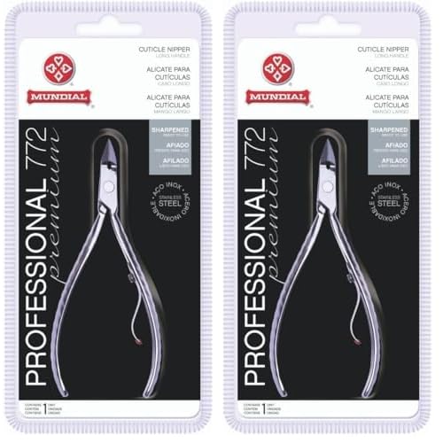 Professional Cuticle Nipper Mundial 772 PR - Brazilian Manicure Quality Long Handle Stainless Steel Trimmer Cutter for Fingernails and Toenails (Pack of 2)