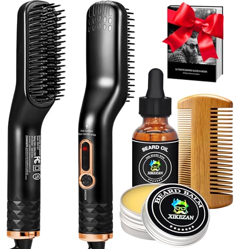 XIKEZAN Black 5-Piece Beard Grooming & Straightening Kit with Oil, Balm, Comb & E-Book