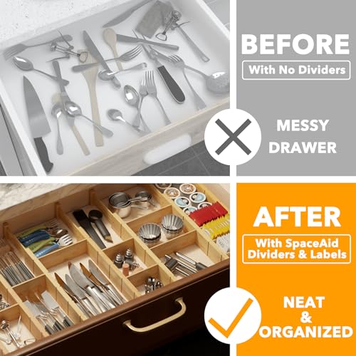 SpaceAid Bamboo Drawer Dividers with Labels, Expandable 17-22 Inch Natural Organizer, 10 Pieces with Inserts (Variation: 2.35''H, 17-22''L, 10 Dividers)
