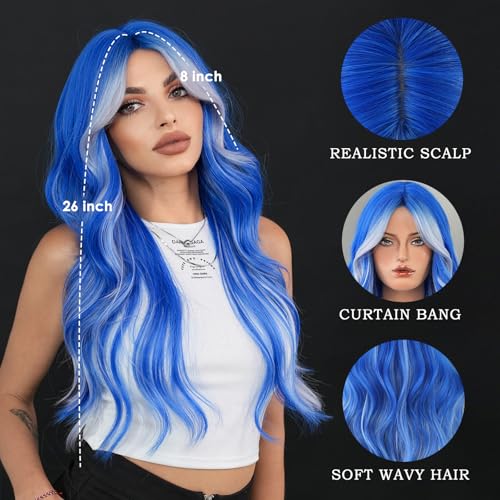 TRUMOST Blue Platinum Blonde Highlight Wig 26 Inch Long Wavy Synthetic Heat-Resistant with Curtain Bangs