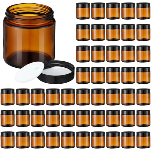 KYMQLYW 50 Pack Amber Glass Jars 2 oz with Black Leakproof Lids for Cosmetics & Candle Making