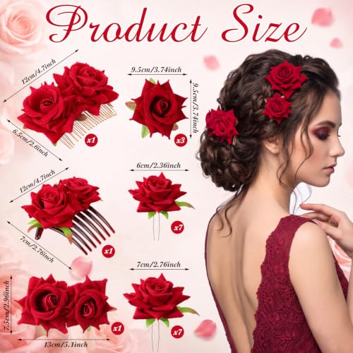 20 Pcs Mexican Rose Hair Accessories Set for Women - Vintage Bright Red