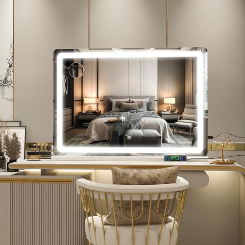 Large 32x22 Inch Lighted Vanity Mirror with Dimmable LED, Touch Control & USB - White