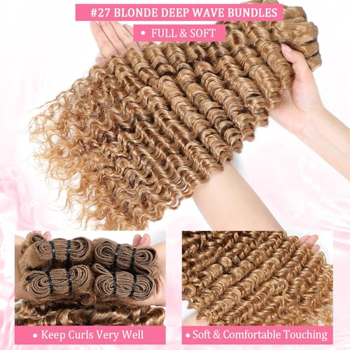Blonde Deep Wave Human Hair Bundles - 20 Inch Honey Blonde Curly Hair for Black Women