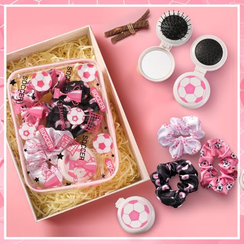 Pink Soccer Gift Set for Women Includes Makeup Bags, Hair Scrunchies & Brushes – Soccer Theme Party Favors (Pink / Soccer)