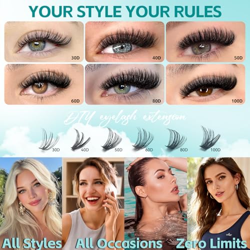 600 Pcs Wispy Lash Clusters Kit, D Curl Lashes Clusters Natural Look 9-16mm Individual Super Thin Band DIY Cluster Eyelash Extensions Kit with Bond Seal Tweezers Brush (30D 40D 50D Mix)