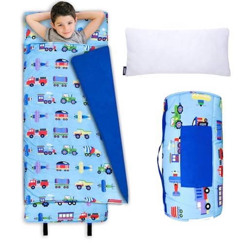 Wildkin Nap Mat with Pillow & Blanket - Trains, Planes, and Trucks Preschool Rest Mat