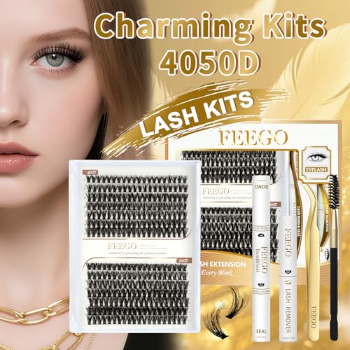 FEEGO Fluffy Eyelash Extensions Kit With Cluster Lashes, Eyelashes Extensions Kit 40D+50D 9-16mm DIY Lash Thick, Individual Lashes, Double-headed mascara brush, Remover (4050D Charming Kit)