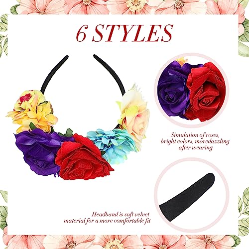 6 Pcs Mexican Fiesta Flower Crown Headbands for Women - Colorful & Elegant