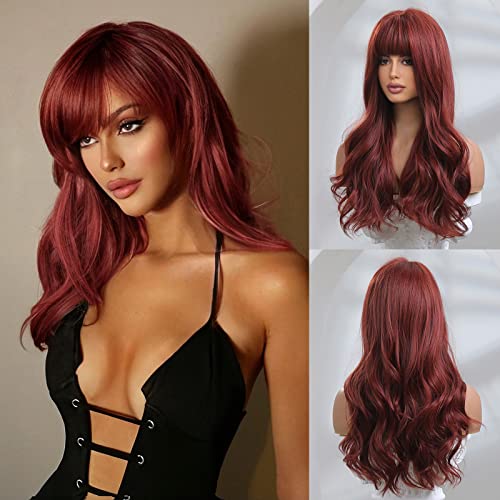 Dark Red Burgundy Wavy Wig for Women - Realistic Synthetic Hair, Heat Resistant, Long Layered Style, Suitable for Halloween & Cosplay