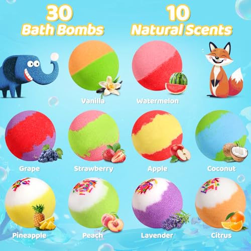 30-Pack Kids Bath Bombs with Toys Inside – 3 Themes Ocean Land Sky, 10 Surprises, Gentle Bubble Bath