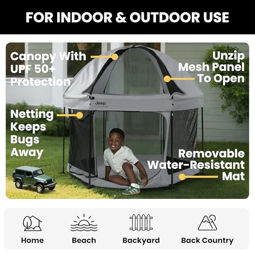 Delta Children Jeep Hexagon Pop Up Play Yard with Removable Canopy - Grey, Indoor & Outdoor Baby Playpen