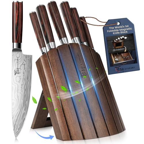 SYOKAMI 2026 Upgrade Kitchen Knife Set with Foldable Magnetic Acacia Wood Block - Sharp & Safe for Families