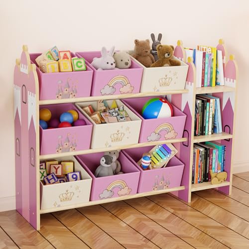 Toy Storage Organizer with 3 Shelves and 9 Bins - Pink Castle Theme