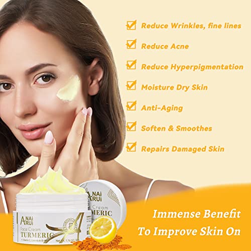 ANAI RUI Facial Moisturizer, Turmeric Face Cream with Vitamin C for Hydrating, Firming, Tightening Skin, Turmeric Vitamin C Cream for Dark Spots, Dry Skin, 1.76 OZ