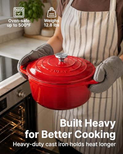Zulay Kitchen 6.4Qt Enameled Cast Iron Dutch Oven with Lid – Ablaze Red, Oven Safe to 500°F
