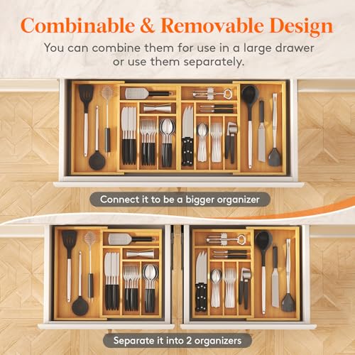Lifewit Adjustable Silverware Drawer Organizer Tray | Bamboo Utensil Storage