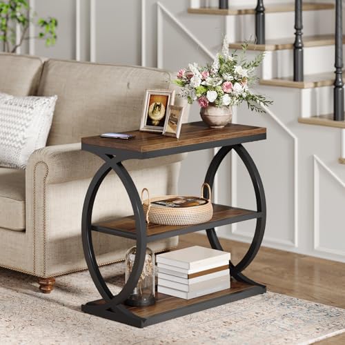 Narrow Rustic Brown End Table with 3 Tiers - Industrial Farmhouse Side Nightstand
