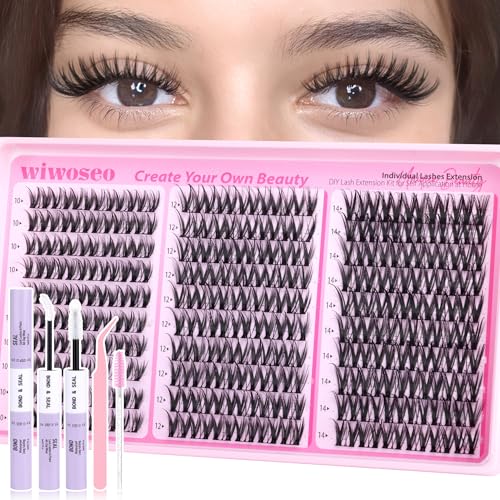 wiwoseo Flora Lash Clusters Kit Wispy Eyelash Clusters D Curly Flaunt Eyelash Extensions Kit DIY Lash Extension Kit Natural Individual Lashes Clusters with Clear Bond and Seal for Beginners (10-14MM)