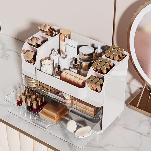 Delamu Makeup Organizer Countertop with 6 Brush Holder, Bathroom Countertop Organizer with 2 Large Drawers, Cosmetic Display Case for Vanity, Ideal Christmas Gifts for Women Girls, Light White