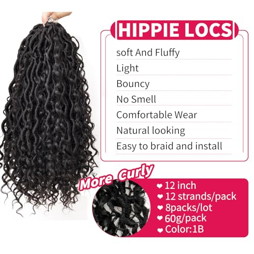 Goddess Locs Crochet Hair 8 Packs - 12 Inch Faux Locs for Black Women, Curly Goddess Braids