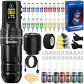 Black Wireless Rotary Tattoo Gun Kit - Cordless Pen with OLED Screen & 7 Strokes for Beginners