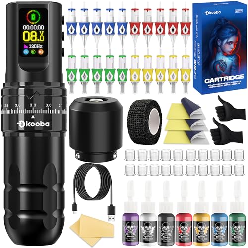 Black Wireless Rotary Tattoo Gun Kit - Cordless Pen with OLED Screen & 7 Strokes for Beginners
