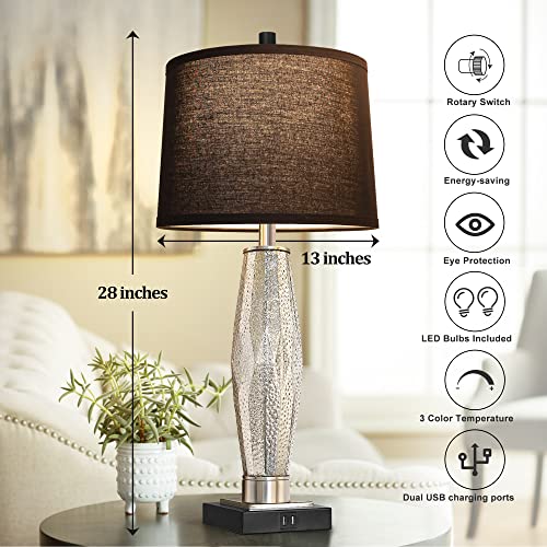 Black QiMH Set of 2 Glass Table Lamps with USB Charging Ports, Modern Nightstand Lights