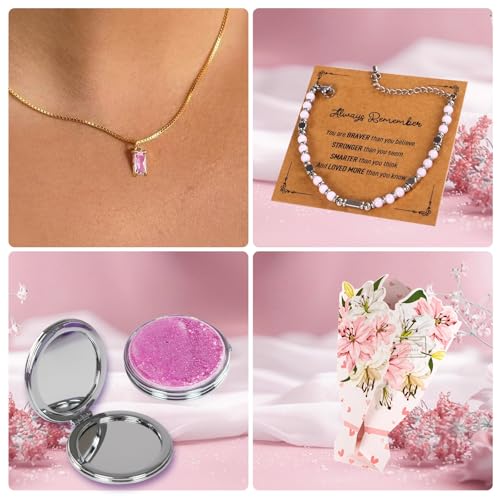 40PCS Trendy Stuff Gifts Set for Teen Girls -Makeup Brushes Set + Blending Sponges + Silk Heatless Curling Set + Jewelry Set & Skincare Headbands | Birthday Gift for Daughter, Niece, Her (Pink)