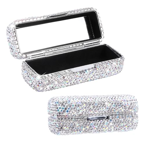 Rhinestone Lipstick Case with Mirror Bling Crystal Lipstick Case Diamonds Makeup Cosmetic Storage Box Holder for Purse(COLOR:White)