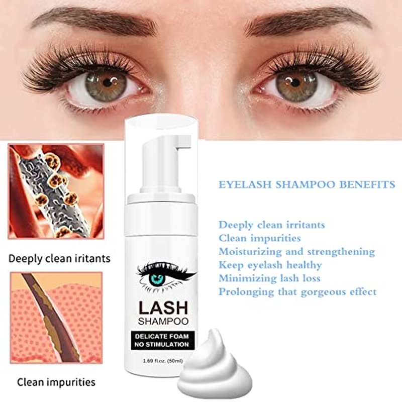 Lash Shampoo for Lash Extensions, 50ml Eyelash Foam Cleanser and 50 Pcs Eyelash Brush and Rinse Bottle Mini Fan Oil Free/Sulfate Free Eyelash Wash Remover For Eyelash Extension Makeup Removel