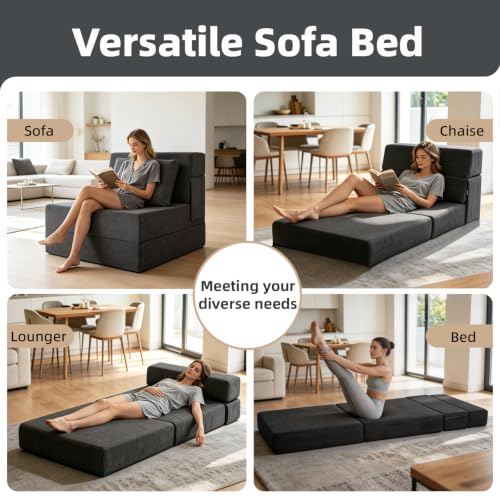 Grey Foldable Floor Sofa Bed with Pillow - Convertible Sleeper Chair for Living Room - Single