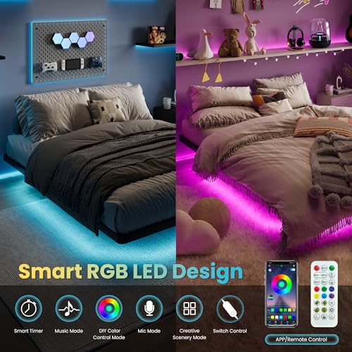 Queen Size Floating Bed Frame with RGB LED Lights - Matte Black