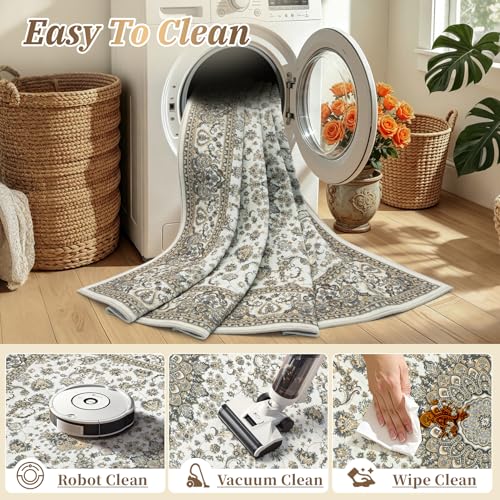 Zomfy Beige Brown 8x10 Vintage Floral Area Rug Non-Slip Washable Carpet for Living Room