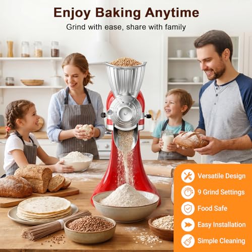 FOCOLLK KitchenAid Grain Mill Attachment, Silver — 9 Grind Settings